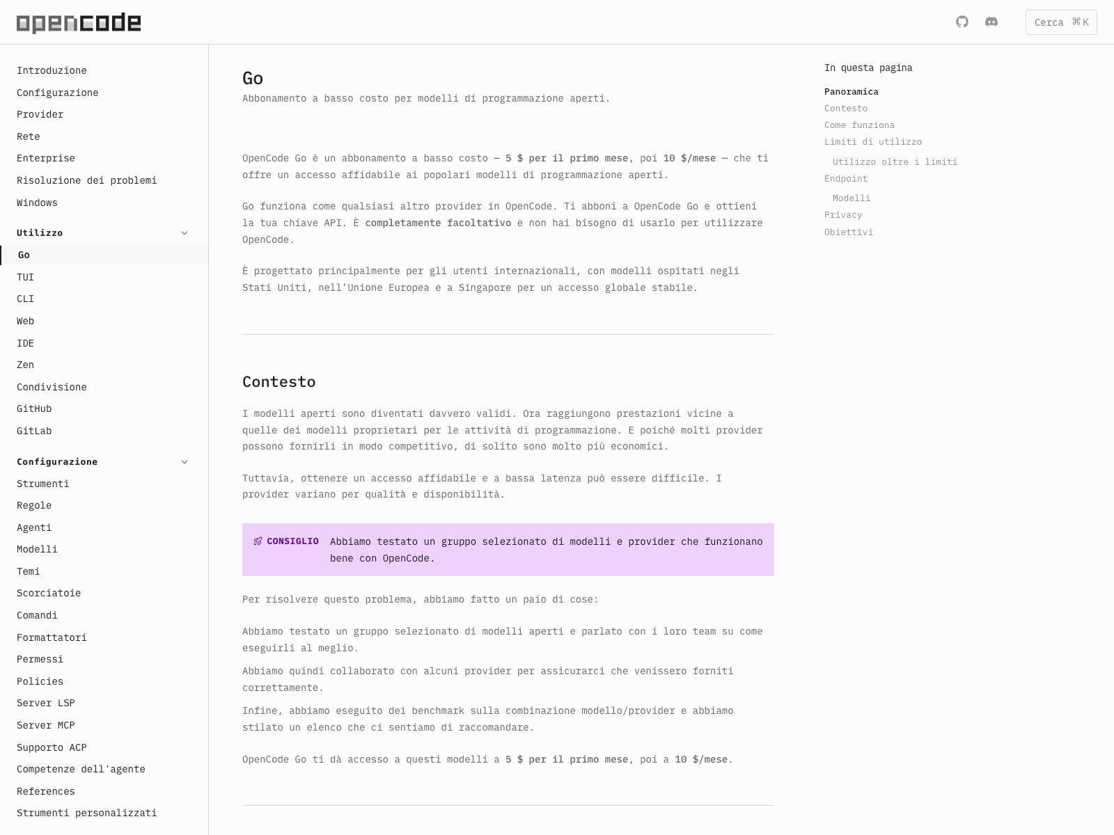 OpenCode Go: pagina ufficiale con prezzo e modelli inclusi